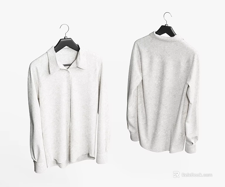 White Collared Long Sleeve Shirt Front And Back View On Black Hangers 3d model 