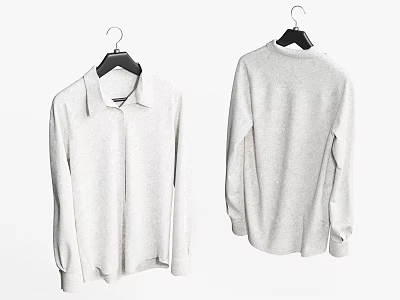 White Collared Long Sleeve Shirt Front And Back View On Black Hangers 3d model