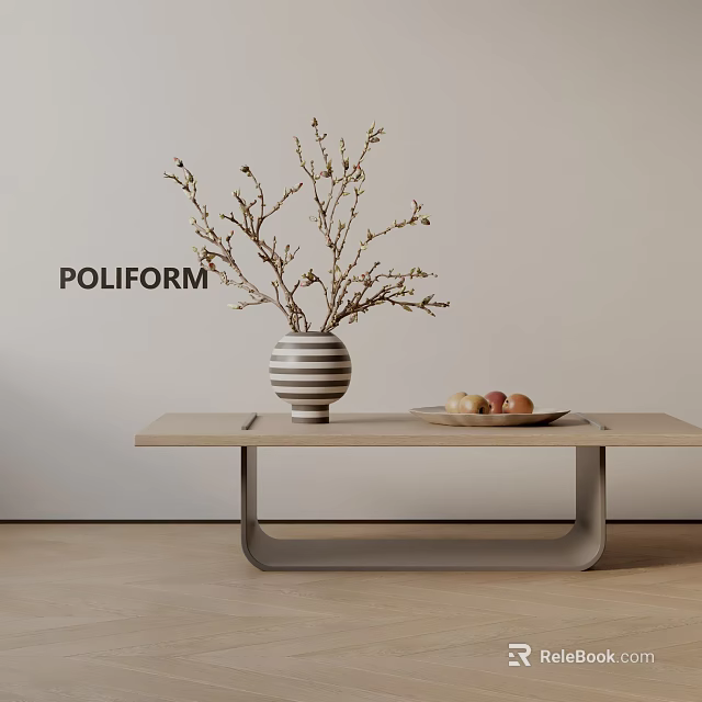 Modern POLIFORM Sofa And Coffee Table Set With Striped Vase Twigs And Fruit Plate 3d model