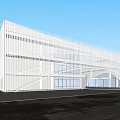 Modern Sales Office Building With White Striped Facade Curved Structure Glass Windows And Pedestrians Nearby
