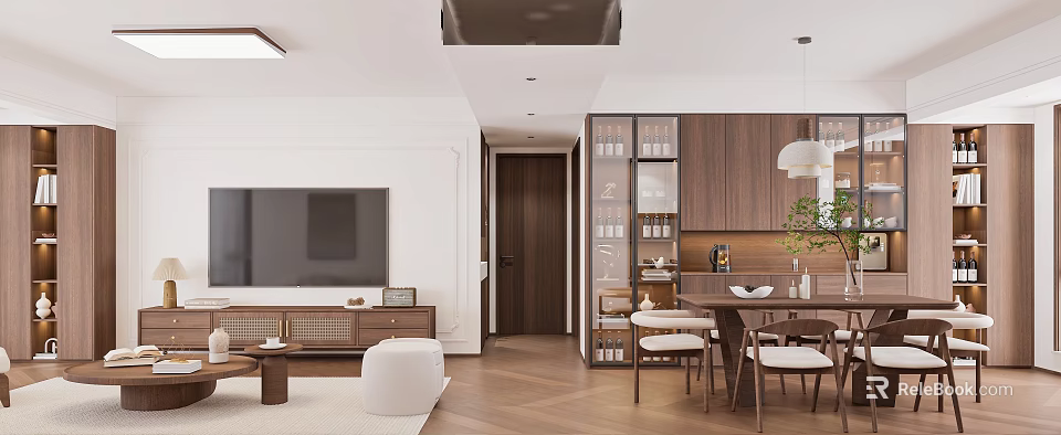 Warm Wood Tone Open Plan Living And Dining Room Interior Design With Comfortable Soft Furnishings 3d model 
