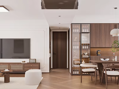 Warm Wood Tone Open Plan Living And Dining Room Interior Design With Comfortable Soft Furnishings 3d model