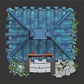 Traditional Japanese Architecture With Blue Tile Roof Flower Sign And Green Lanterns