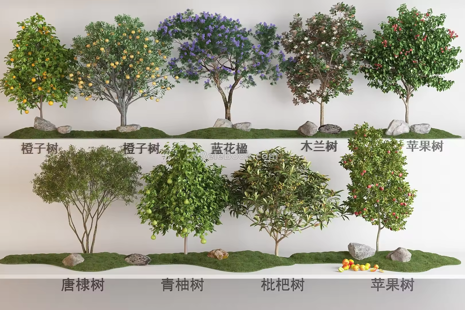 Modern Fruit Tree Plant Combination Orange Tree Blue Flower Jacaranda Green Pomelo Tree Loquat Tree Apple Tree Blue Tree Red Fruit Tree Fruit Tree Tangdi Tree Stone 3d model