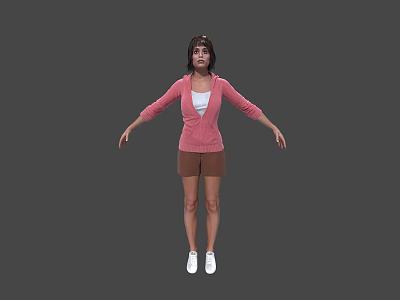 Woman Wearing Pink Cardigan White Top Brown Shorts And White Shoes With Arms Outstretched 3d model