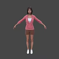 Woman Wearing Pink Cardigan White Top Brown Shorts And White Shoes With Arms Outstretched