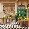 Fruit Store with Xinjiang Specialties Green Shelves Black White Patterned Tiles and Bright Interior
