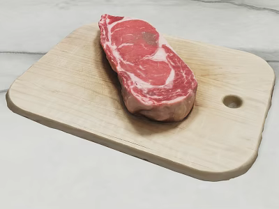 Fresh Marbled Steak on Wooden Cutting Board Ready to Cook 3d model