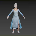 Woman Wearing Blue Long Dress with Embroidery and Tiara Standing in White Shoes