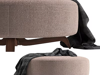 Comfortable Beige Upholstered Ottoman With Wooden Legs And Plaid Blanket Modern Design 3d model