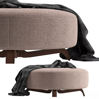 Comfortable Beige Upholstered Ottoman With Wooden Legs And Plaid Blanket Modern Design 3d model