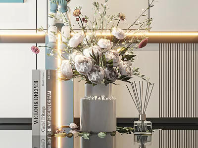 Ceramic Vase With White Peonies In Modern Interior With Decorative Books And Diffuser 3d model