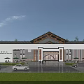 Traditional Chinese Style Tourist Center With Classic Roof Open Entrance And Green Lawn Area