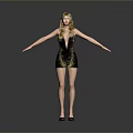 Blonde Woman In Black Dress With Gold Pattern Standing With Arms Outstretched In Gray Background