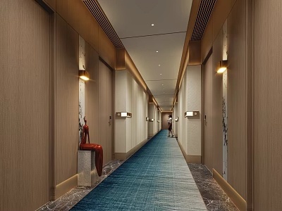 Hotel Corridor With Light Wooden Walls Blue Carpeted Floor Side Wall Lamps Person In Distance 3d model