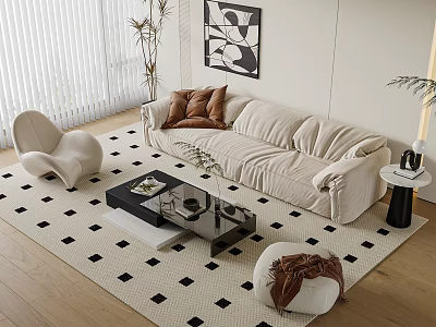 Modern Beige Sofa Coffee Table Combination With Brown Pillows And Black White Checkered Rug 3d model