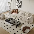 Modern Beige Sofa Coffee Table Combination With Brown Pillows And Black White Checkered Rug