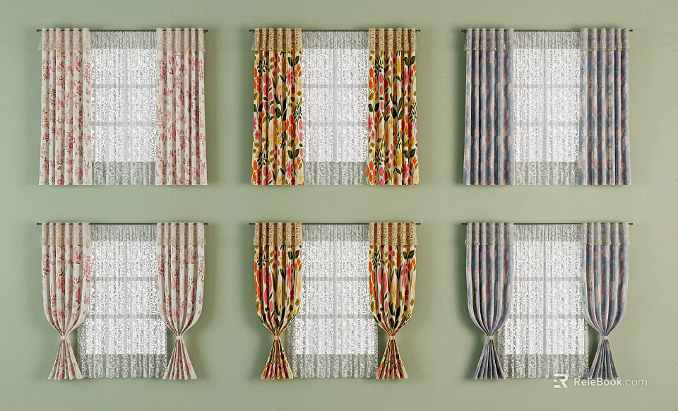 Multiple Curtain Designs For Windows With Colorful Patterns And Styles 3d model 
