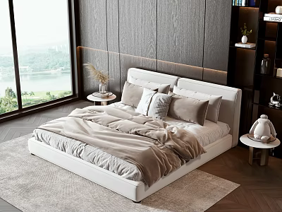 Double Bed With White Headboard Beige Bedding Side Nightstands Wooden Wall And Lake View Window 3d model