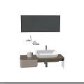 Modern Bathroom Washbasin with Wall Mounted Mirror Soap Holder and Wooden Countertop on White Tiled Wall