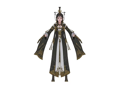 Game Movie Character In Traditional Elegant Black White Gold Robe With Ornate Headdress Intricate Embroidery 3d model