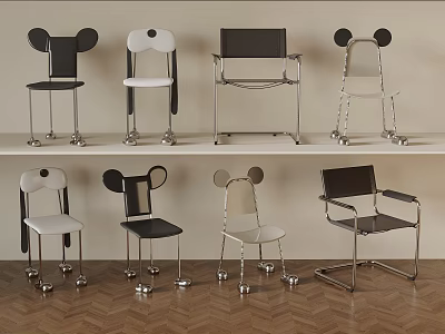 Mickey Ear Designed Chairs in Various Styles and Colors on Shelves and Floor 3d model