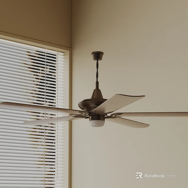 Dark Colored Ceiling Light With Fan Blades In Room Corner By Window With Blinds 3d model 