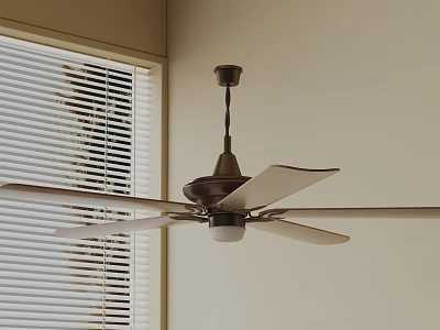 Dark Colored Ceiling Light With Fan Blades In Room Corner By Window With Blinds 3d model