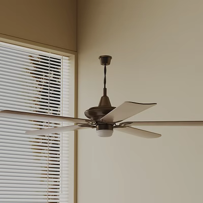 Dark Colored Ceiling Light With Fan Blades In Room Corner By Window With Blinds 3d model
