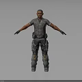 3D Male Character Model With Worn Gray Shirt Utility Pants And Black Gloves Arms Outstretched