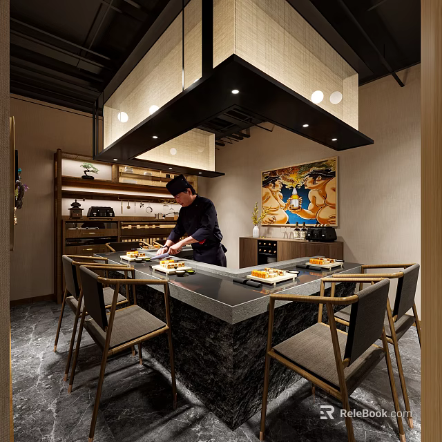 Restaurant Kitchen Scene With Chef Preparing Food At Marble Dining Island And Decorative Painting 3d model 