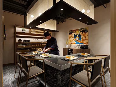 Restaurant Kitchen Scene With Chef Preparing Food At Marble Dining Island And Decorative Painting 3d model