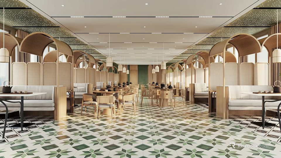 Modern Luxury Restaurant With Arched Partitions Green Patterned Tiles Wooden Tables Chairs And Pendant Lights 3d model 