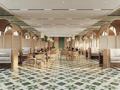 Modern Luxury Restaurant With Arched Partitions Green Patterned Tiles Wooden Tables Chairs And Pendant Lights 3d model