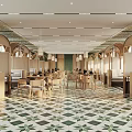 Modern Luxury Restaurant With Arched Partitions Green Patterned Tiles Wooden Tables Chairs And Pendant Lights