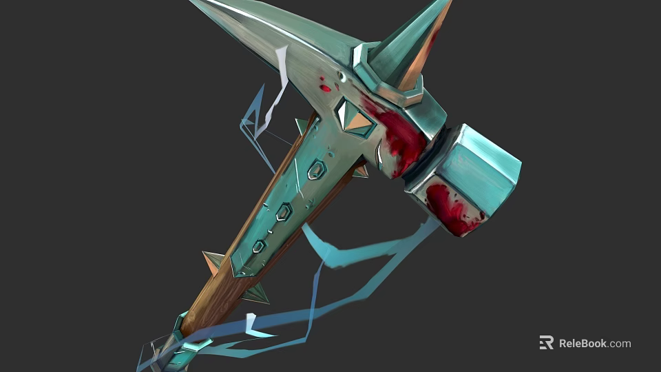 Spiked Bloodstained Metal Hammer Weapon With Wooden Handle And Blue Straps 3d model 