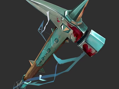 Spiked Bloodstained Metal Hammer Weapon With Wooden Handle And Blue Straps 3d model