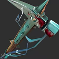 Spiked Bloodstained Metal Hammer Weapon With Wooden Handle And Blue Straps