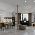 Elegant Modern Open Concept Living Dining Room With Sofa Chandelier Rug Piano And Artwork