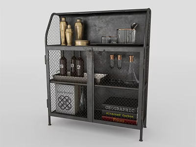 Industrial Metal Black Storage Shelf Cabinet With Compartments And Decorative Bottles 3d model
