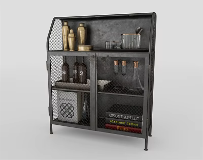Industrial Metal Black Storage Shelf Cabinet With Compartments And Decorative Bottles 3d model