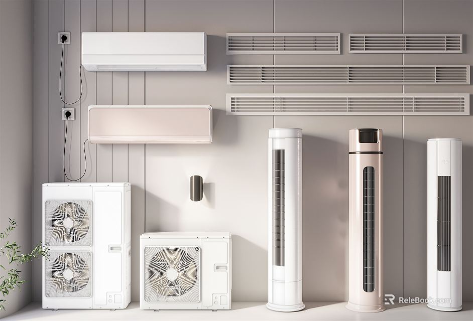 Different Types Of Air Conditioners And Fans Including Wall Mounted And Floor Standing Units 3d model 