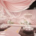 Elegant Pink Ceiling Drapery In Wedding Banquet Hall With Floral Decor Chandeliers And Tables
