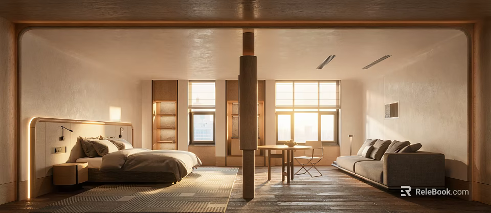 Modern Hotel Room Interior Featuring Wooden Elements Natural Light And Cozy Furniture 3d model 