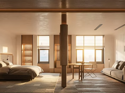 Modern Hotel Room Interior Featuring Wooden Elements Natural Light And Cozy Furniture 3d model