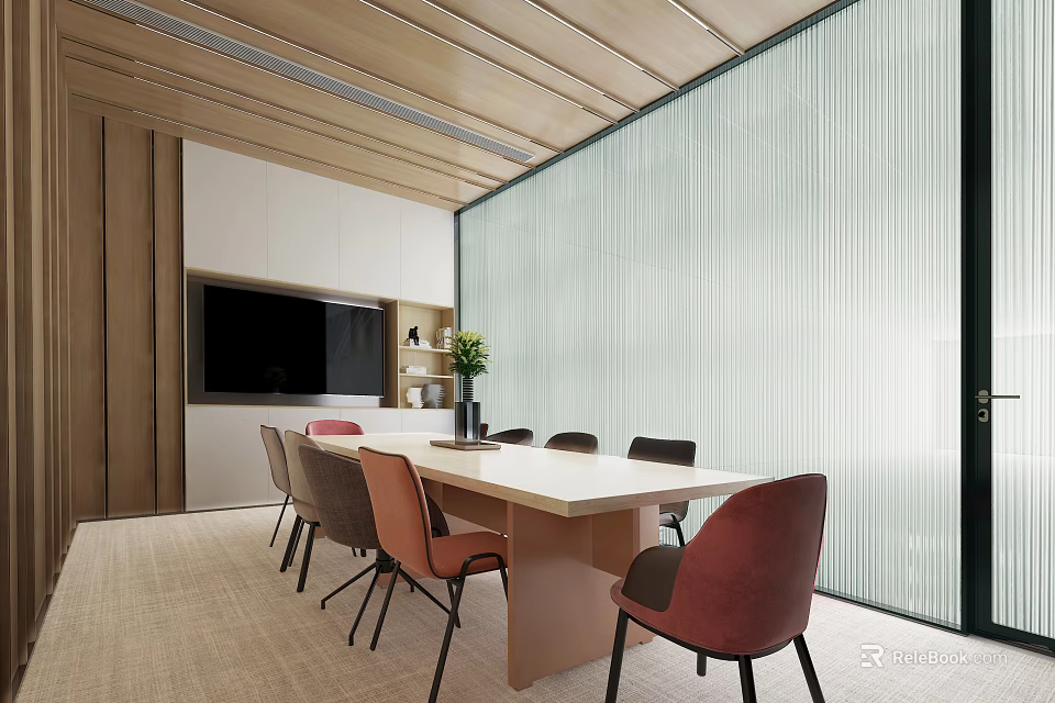 Modern Meeting Room With Long Table Colorful Chairs Wooden Ceiling Glass Partition And Green Plant 3d model 