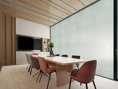 Modern Meeting Room With Long Table Colorful Chairs Wooden Ceiling Glass Partition And Green Plant 3d model