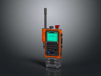 Orange and Gray Handheld Communication Device with Antenna Screen Keypad and Red Button 3d model