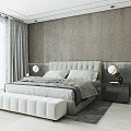 Modern Bedroom Interior With Wooden Paneled Walls Tufted Headboard Round Wall Lamps And White Bench
