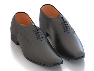 Black Leather Formal Shoes With Pointed Toe Lace Up Design And Orange Inner Lining 3d model
